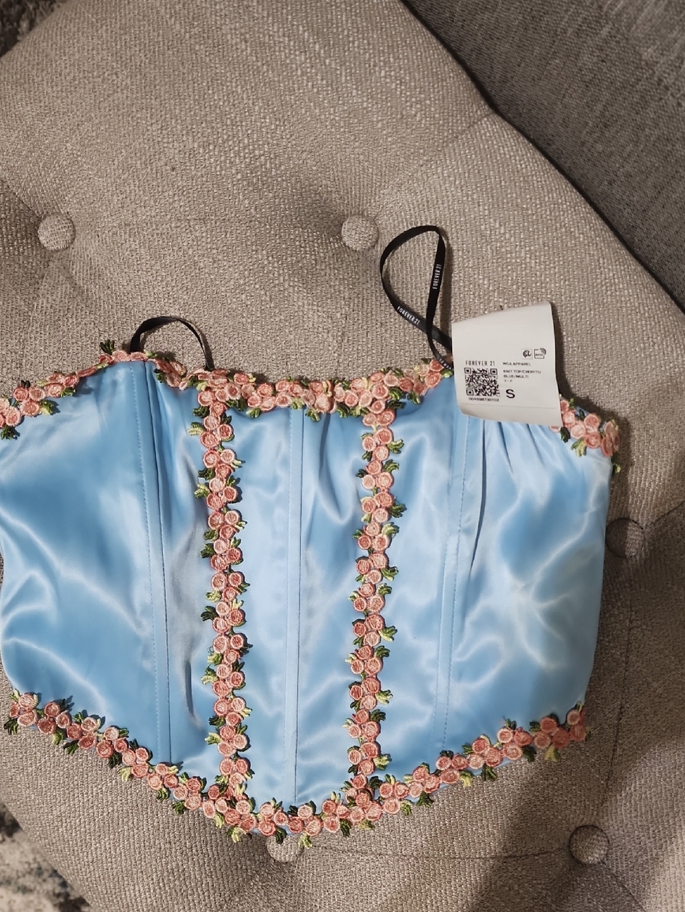 Light Blue Satin Floral Trim Bustier